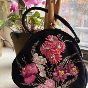 Floral Embroidered Black Velvet Lulu Guinness Collectible Handbag